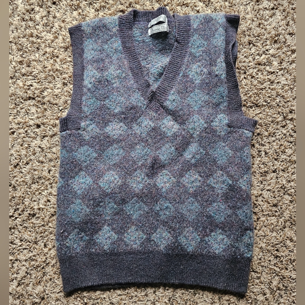 Christian Dior Vintage Argyle Wool gray blue Elegant preppy vest size S -L - Picture 2 of 8